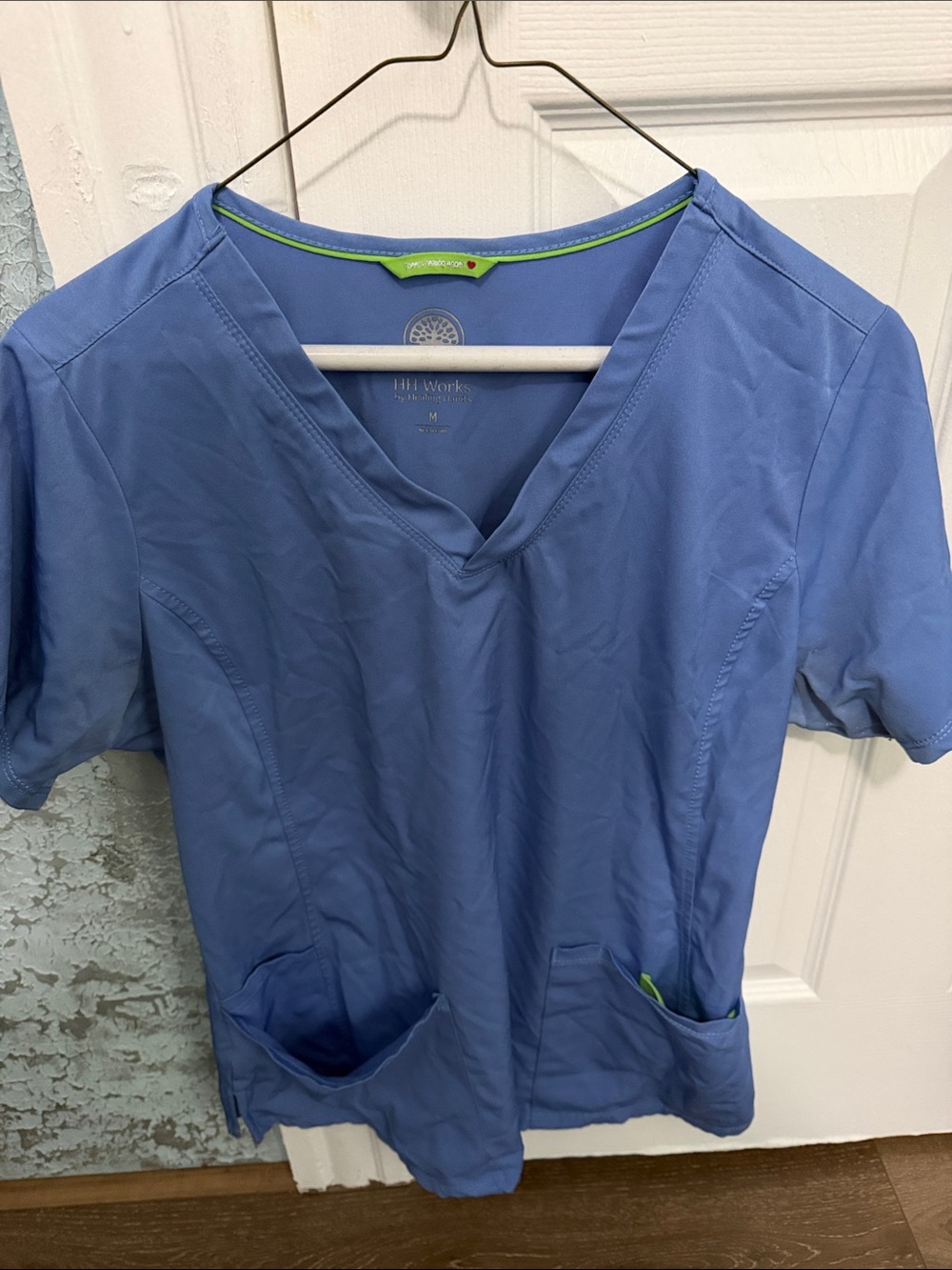 Women’s Short-Sleeve V-Neck Top in Periwinkle Blue with Green Trim